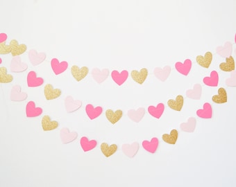 pink and gold heart garland, gold and pink garland, valentines garland, paper heart garland, heart banner, heart bunting, heart decor