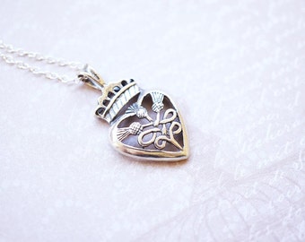 Necklace, Heart Necklace, Silver Necklace, Thistle Necklace, Sterling Silver, Thistle Pendant, Heart Pendant, Handmade Necklace, Gift