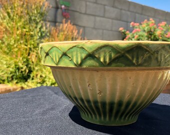 Antique Unmarked Banded Stoneware Mixing Bowl - (Beautiful Green Glaze)