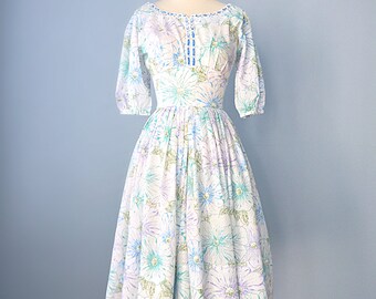 1950s Party Dress...R & K ORIGINAL White Floral Print Dotted Swiss Cotton Garden Party Dress 24 Inch Waist