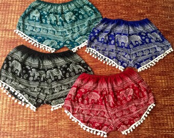 Pom pom Shorts with Elephant fabric Hippie Boho Beach Summer shorts Festival outfit Clothing Bohemian Cute Unique Gift for her lady Colorful