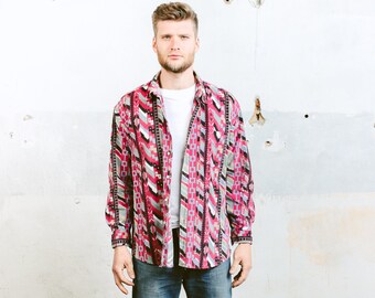 Aztec Shirt . Long Sleeve Shirt Corduroy 90s Grunge Vintage Shirt for Men Southwestern Ethnic Shirt Oversized Shirt . size Large