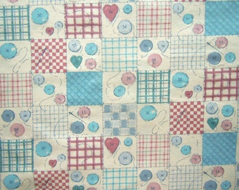 43 X 72 Multi Color Sewing Patchwork Print on Ivory Cotton Fabric Remnant