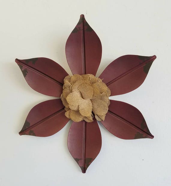 Flower Metal Wall Decor Deep Red and DistressedUpcycled