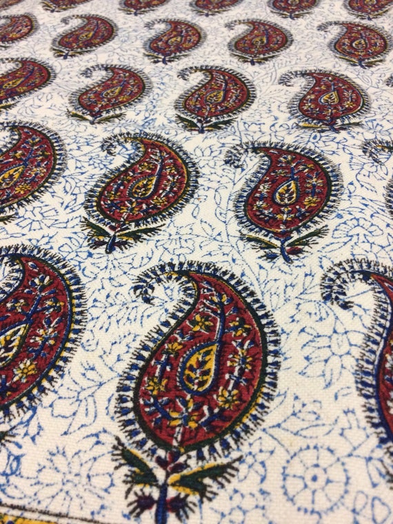 Hand printed 78" x 52"inches rectangle tablecloth , traditional block printed red paisley Tapestry or bedspread - natural dyes with tassels