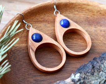 Wooden Lapis Lazuli Hoop Earrings, Wood Earrings, Natural Earrings, Gemstone Earrings, Lapis Lazuli Crystal Earrings, Natural Jewelry