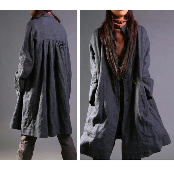 RAMIES/ Free Style Pleated Linen Long Jacket/ Cape/ Black