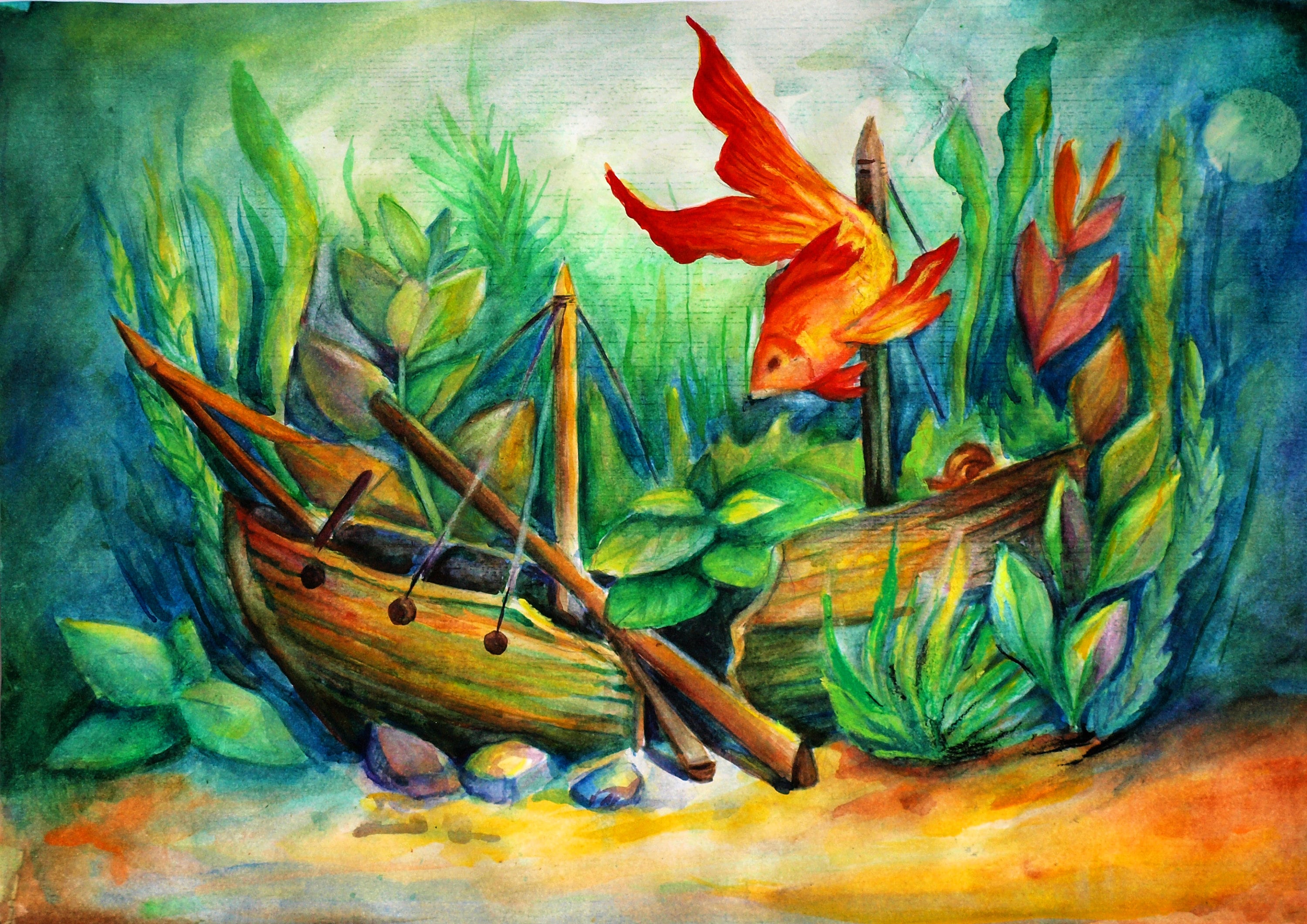 Aquarium painting Golden fish art Fish wall art Orange fish