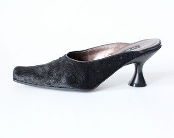 Vintage 1990s Nine West Black Ponyhair Mules, size 7