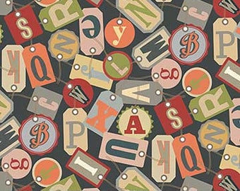 Letterpress from Northcott - Full or Half Yard of Letter Tags on Dark Gray
