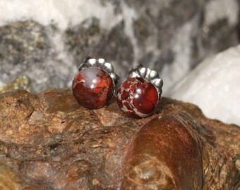 Ear Studs 6mm Poppy Jasper Titanium Longer Posts and Clutches Hypo Allergenic Made in Newfoundland Relaxation