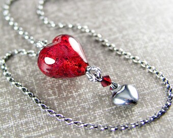 Ruby Red Heart Necklace Sterling Silver Chain Authentic Deep Red Murano Glass Heart Necklace Red Heart Pendant Necklace July Birthstone