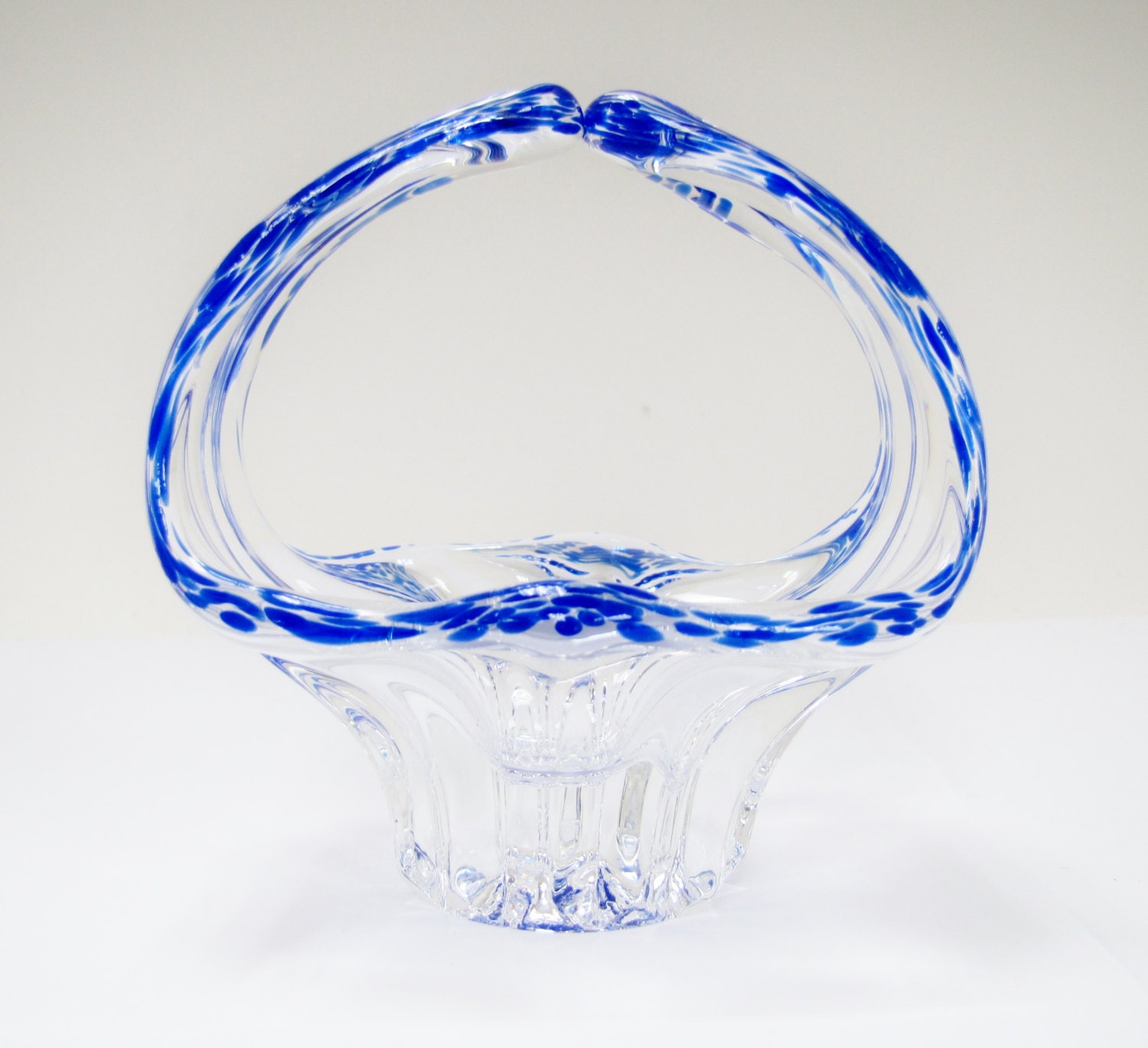Vintage crystal basket with handle cobalt blue flecks clear