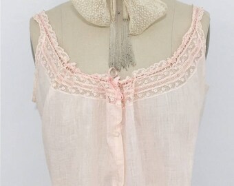 Antique 1910s 1920s Pale Peach Cotton & Lace Camisole Blouse Large/XL