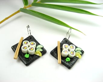 California Maki Sushi Earrings - food jewelry, sushi jewelry, food earrings, gift for her, Japanese, sushi, black earrings, food gift, clay