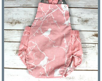 romper a bird on branch, 3-6 months, summer romper, shorts, overalls