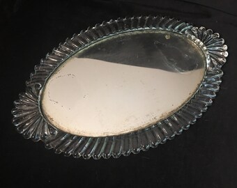 Antique Vintage Glass Mirrored Dresser Tray - vanity, oval, heavy, ruffled look, shabby cottage chic, boudoir bedroom decor, Victorian