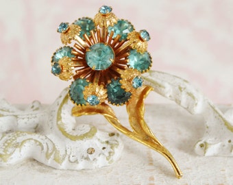 Vintage Gold Flower Brooch with Aqua Blue Rhinestones