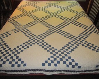 Antique Circa 1900 Blue and White Cotton Handsewn Irish Chain Quilt