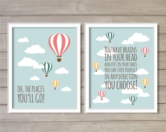 Oh, the Places You'll Go! -Set of 2, 8x10 - Hot Air Balloon Instant Download Digital Printable Nursery Decor Wall Art Poster Print