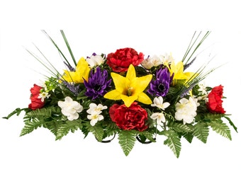 Red Peonies and Yellow Stargazers with Purple Mums Cemetery Saddle - Cemetery Flowers (SD1908)