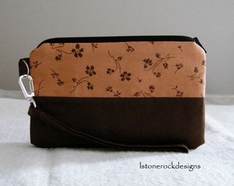Brown floral pattern wristlet