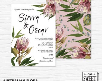 Wedding Invitation Printable, Australian, Protea, Eucalyptus Leaves, Gum Leaves, Native Flowers, Rustic, Nature, Blush, Spring, Floral