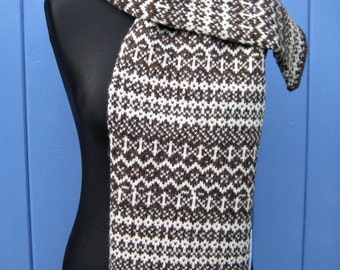Fair Isle Scarf in Dark Brown and Natural White Handmade from Pure Shetland Wool
