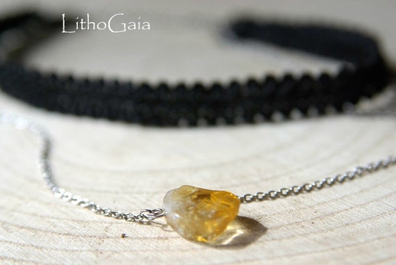 Citrine Choker & Stainless steel chain, Lace Choker, Nickel Free, Prosperity Stone, bar necklace Jewelry, bar choker, birthstone, Minimalist