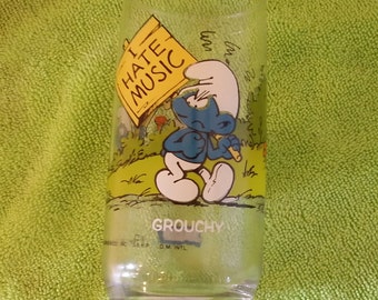 Vintage Smurfs Drinking Glass, Grouchy Smurf Peyo Glass, 1983