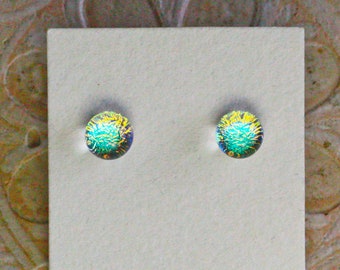 Dichroic Glass Earrings , Petite, Peach/Golden/Green DGE-1371