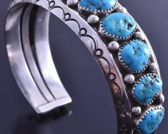 Vintage Silver Sleeping Beauty Turquoise Square Row Navajo Bracelet by SC 8A08B