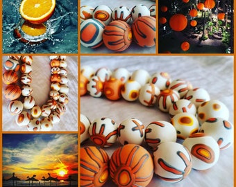 Orange patterned polymer clay necklace