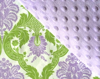 Baby Car Seat Canopy COVER or NURSING Cover: Lavender, Purple, Mauve and Green Damask with Lavender Minky, Personalization Available