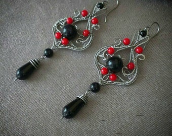Red and black long wirewrapped earrings