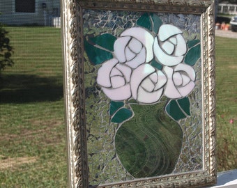 Stained Glass Mosaic White Roses Vase Window Repurpose Frame