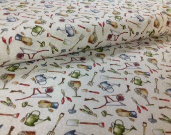 Garden Gate Tiny Treasures - Cream Cotton Fabric by Deborah Edwards of Northcott, sold by the 1/2 yard Shed Tools 21481 11 Quilting