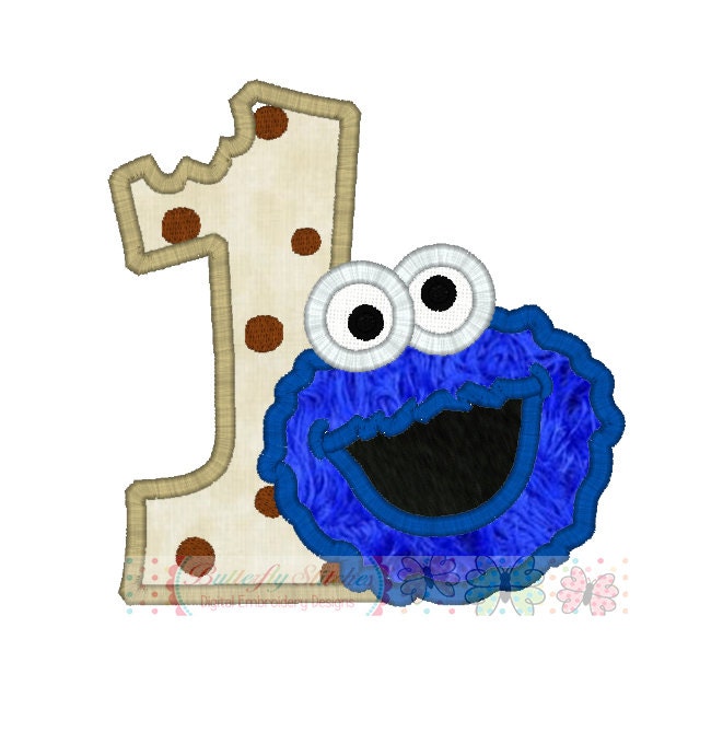 Cookie Monster Fat Number One Birthday Machine Embroidery