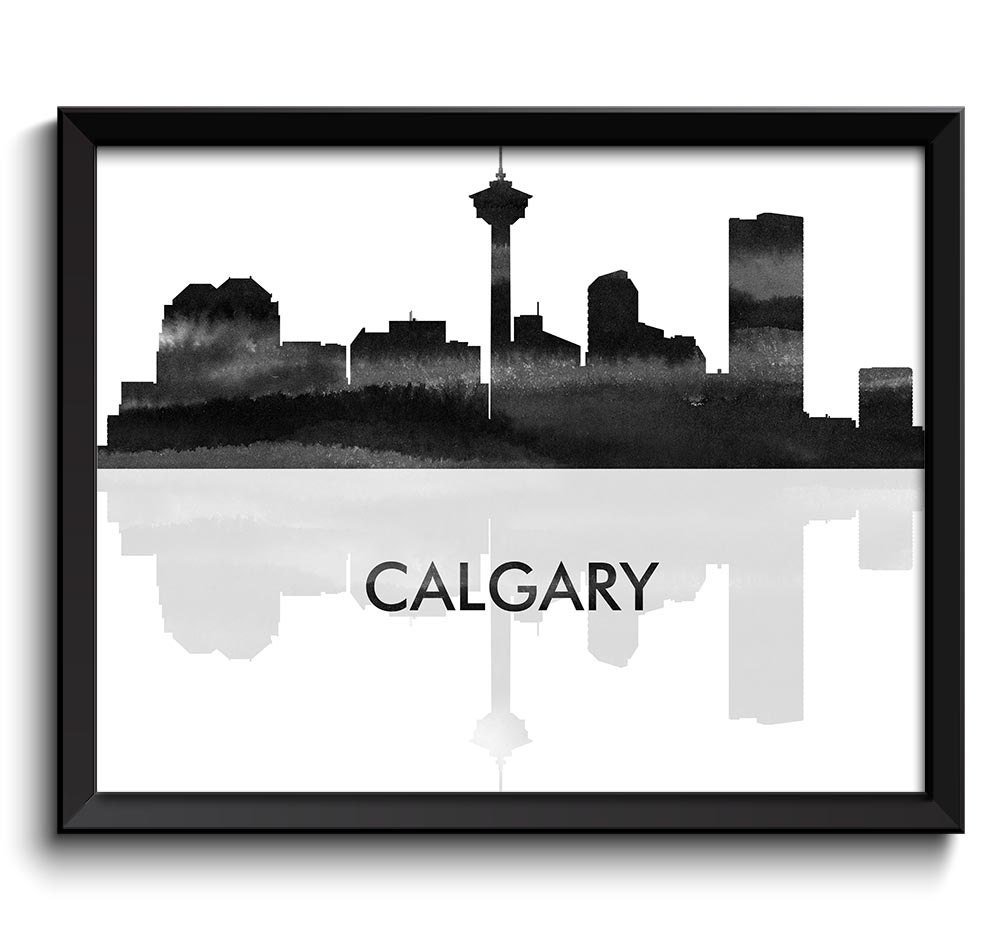 Calgary Skyline City Black White Grey Gray Watercolor Painting