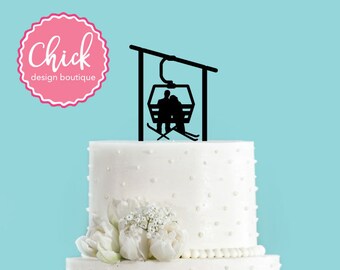 Winter Skiing Ski Lift Gondola Couple Bride and Groom Winter Wedding Acrylic Wedding Cake Topper