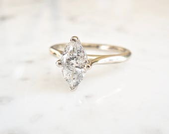 Marquise Diamond Engagement Ring - Salt and Pepper Marquise Diamond, Marquise Cut Diamond Ring, Diamond Compass Ring, 14 k White Gold