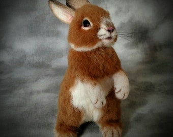 OOAK Needle felted Alpaca Life Size Baby Bunny Rabbit Poseable Tan and white by ODACA Artist Stevi T. Free shipping