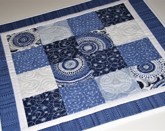 Spring Quilted Table Topper, Shabby Cottage Chic Table Mat, Boho Blue and White Square Table Topper, 21"x21", Quiltsy Handmade