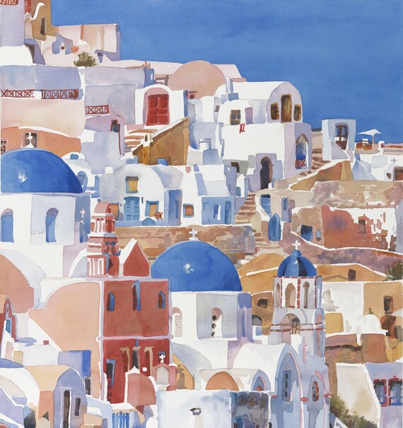 Santorini Greece Print of Original Watercolor Painting Greek