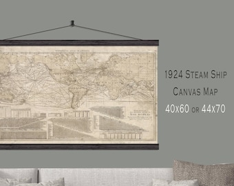 TV Cover. Vintage World Map. 1924 Steamship Sailing Map. 40x60 Hanging or as a Pull Down Map.