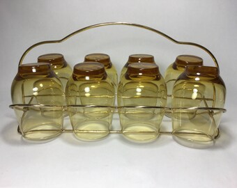8 Amber Tempo Glasses with Caddy, Libbey 60s Glassware in Gold Tone Carrier