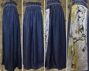 Original blue denim wrap skirt, batik art, handmade batik painting on clothes, artpunk, one of a kind artwear