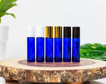 10 ml Blue Glass Roll-on Vials with Stainless Rollers and Black Caps