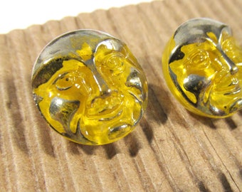 Czech Glass Button, Moonglow Glass, Smiling Moon Face, Yellow Silver Luster, Two (2) Buttons, Jewelry Sewing Supply (G301)