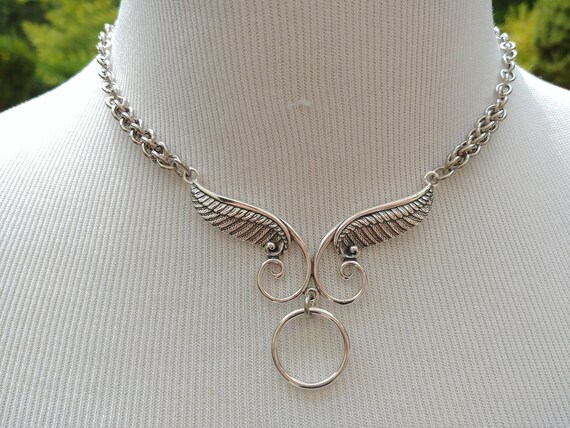 24/7 Wear Discreet Symbolic O Ring Day Collar Necklace with Angels Wings, DDLG, Submissve Slave Collar, Stainless Steel and Sterling Silver